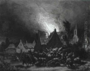 House In A Village On Fire At Night by Egbert van der Poel