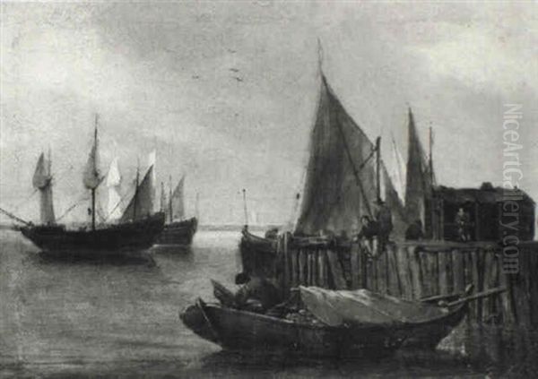 Boat Moored To Quay Where Figures Stroll And Fish - view 1