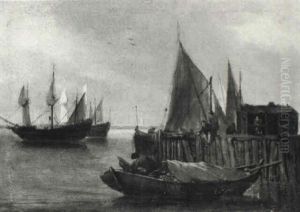 Boat Moored To Quay Where Figures Stroll And Fish by Egbert van der Poel