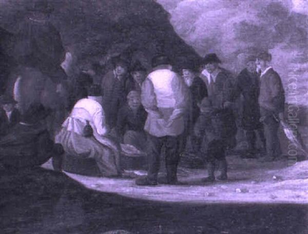 Village Folk Gathered Around A Fishmonger On A Beach - view 1