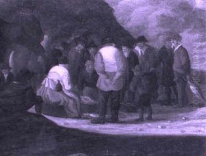 Village Folk Gathered Around A Fishmonger On A Beach