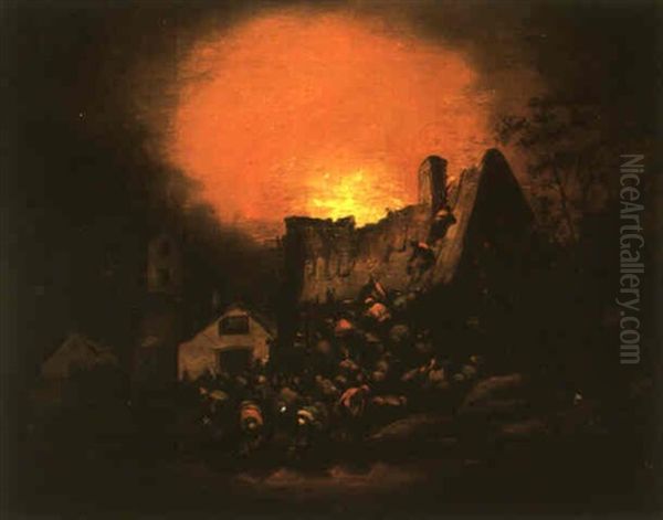 Burning Cottage At Night With People Fetching Buckets Of Water At A Stream - view 1