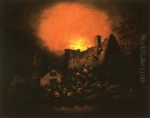 Burning Cottage At Night With People Fetching Buckets Of Water At A Stream by Egbert van der Poel