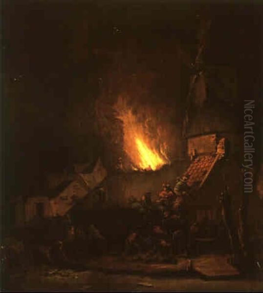 Burning Cottage At Night With Men Fighting A Fire - view 1