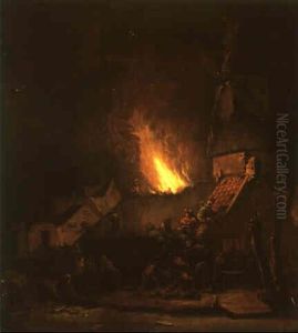 Burning Cottage At Night With Men Fighting A Fire