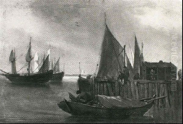 A Fisherman Working On His Boat Moored To A Quay Where Other Figures Stroll And Fish - view 1