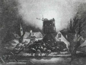 Villagers Collecting Water By Moonlight From A River To     Dowse A Fire Blazing In A Windmill At The Edge Of A Town