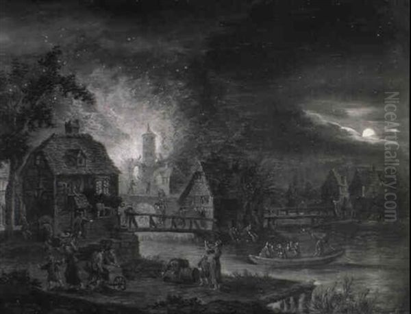A Moonlit River Landscape With A Village Fire - view 1