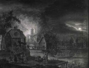 A Moonlit River Landscape With A Village Fire