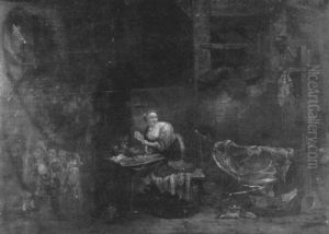 A Woman Preparing Food In The Kitchen Interior With Children Playing Nearby by Egbert van der Poel