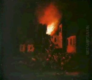 Nachtliche Feuerbrunst In Einem Dorf.