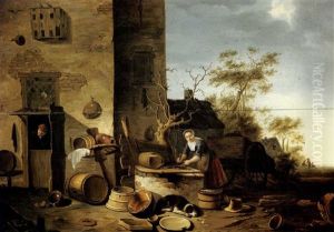 A Woman Cleaning Fish Before A Farmhouse by Egbert van der Poel