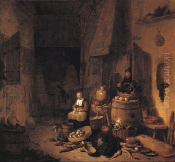 Cottage Interior With A Maid Peeling Turnips And A Man Approaching - view 1