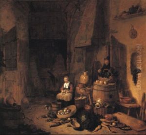 Cottage Interior With A Maid Peeling Turnips And A Man Approaching