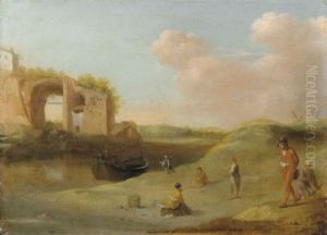 An Italianate River Landscape With Travellers An Italianate River Landscape With Travellers