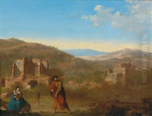 An Italianate Landscape With The Holy Family On The Flight Into Egypt by Cornelis Van Poelenburgh