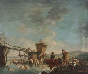 Sudliche Flusslandschaft Mit Reitern, Landleuten, Badenden Vor Einem Holzsteg by Cornelis Van Poelenburgh