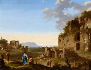 Roman Landscape With Ruins And Travellers by Cornelis Van Poelenburgh