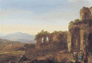 An Italianate Landscape With With Figures Conversing Amongst Ancient Ruins, A Fortified City And Mountains Beyond