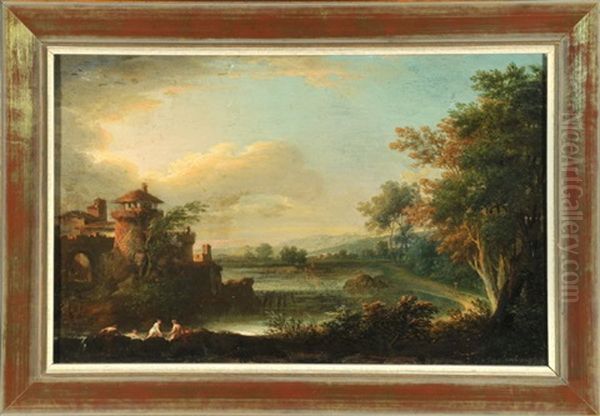 See Mit Badenden In Baumlandschaft Mit Hausern - view 1