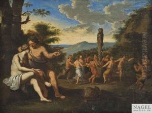 Bacchanal Mit Nymphen Und Faunen Beim Tanz Um Eine Panstatue by Cornelis Van Poelenburgh