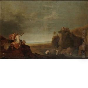 Diana And Her Nymphs Bathing In A River, With Actaeon Pursued By His Dogs In The Distance by Cornelis Van Poelenburgh