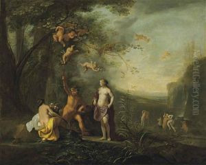 Bacchus, Venus And Ceres Under A Grapevine In A Pastoral Landscape With Putti, Nymphs And Satyrs by Cornelis Van Poelenburgh