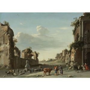 Capriccio Of Roman Ruins With A Merchant Buying A Bull, A Washerwoman At A Fountain And Drovers In The Foreground, Castel Sant'angelo In The Distance by Cornelis Van Poelenburgh