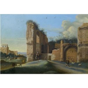 Shepherds With Their Flock Near Classical Ruins