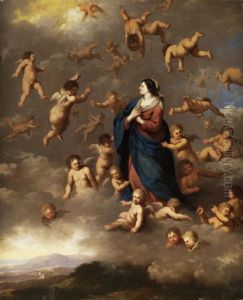 Maria In Den Wolken Umgeben Von Engeln by Cornelis Van Poelenburgh