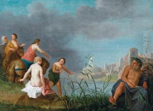 Flusslandschaft Mit Einer Badenden Nymphe (diana?) Und Einem Flussgott