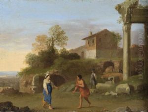 A Classical Landscape With Figures On A Path In The Foreground by Cornelis Van Poelenburgh