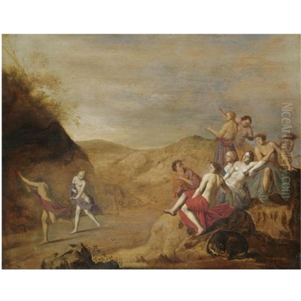 A Mythological Scene With A Nymph Pursuing A Young Man And Other Figures Resting In The Foreground With A Dog - view 1