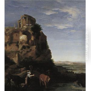 An Extensive Landscape With Herdsmen And Cattle Near Ruins, The Temple Of The Sybil On A Rock Beyond