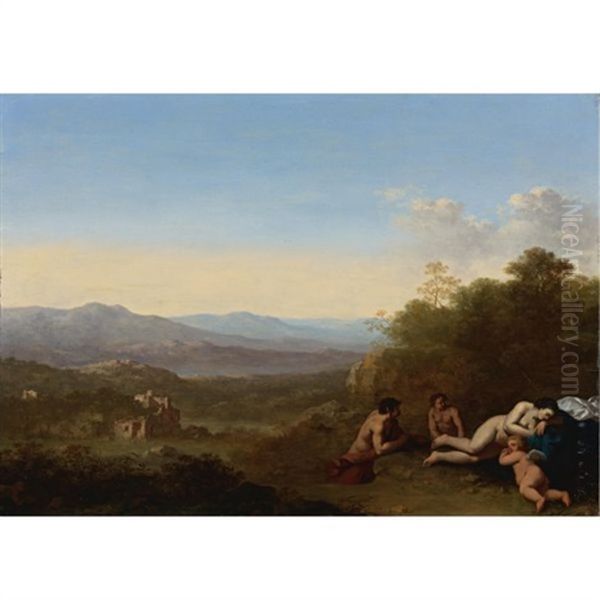 An Italianate Landscape With Venus And Cupid Sleeping, Two Satyrs Observing From Behind - view 1