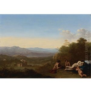An Italianate Landscape With Venus And Cupid Sleeping, Two Satyrs Observing From Behind