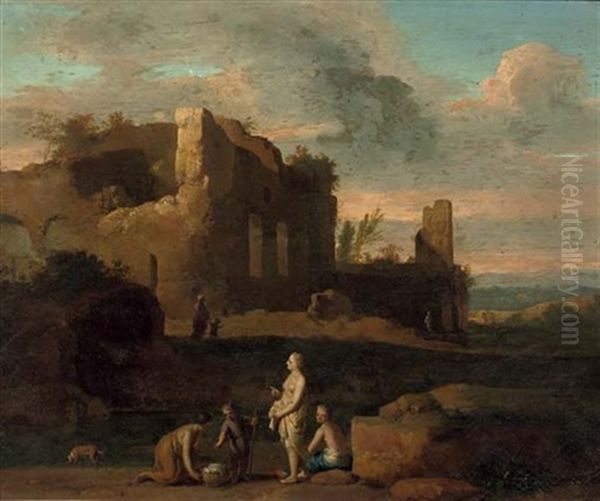 An Italianate Landscape With A Washerwoman And Other Figures Conversing By A Stream, Ruins Beyond - view 1