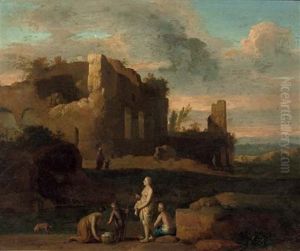 An Italianate Landscape With A Washerwoman And Other Figures Conversing By A Stream, Ruins Beyond by Cornelis Van Poelenburgh