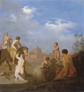 Clelie Traversant Le Tibre, Avec Le Chateau Saint-ange Dans Le Fond by Cornelis Van Poelenburgh