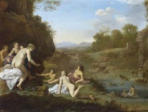 An Italianate Landscape With Nymphs Bathing At A River, A Hermit Contemplating A Crucifix In The Distance by Cornelis Van Poelenburgh