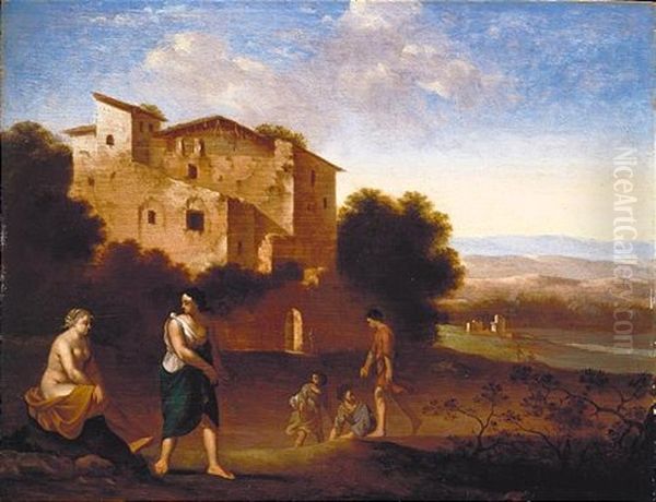 A Rocky River Landscape With Travellers, A Classical Temple Beyond - view 1