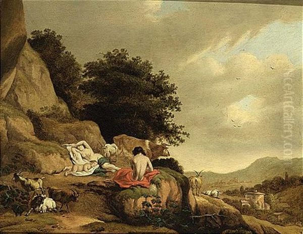 An Arcadian Landscape With A Nymph And A Shepherd Resting Together With Goats And A Cow - view 1