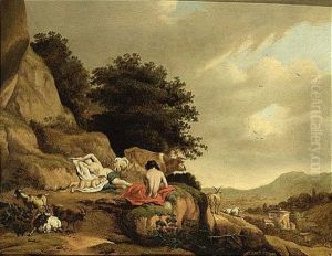 An Arcadian Landscape With A Nymph And A Shepherd Resting Together With Goats And A Cow by Cornelis Van Poelenburgh
