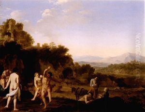 A Southern Landscape With Figures Dancing Before A Set Of Ruins, A Town Beyond by Cornelis Van Poelenburgh