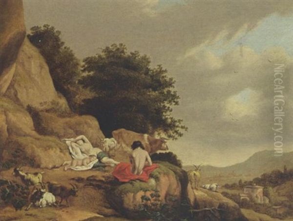 An Arcadian Landscape With A Nymph And A Shepherd Resting, With Goats And A Cow, A Village In The Distance - view 1