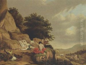 An Arcadian Landscape With A Nymph And A Shepherd Resting, With Goats And A Cow, A Village In The Distance by Cornelis Van Poelenburgh