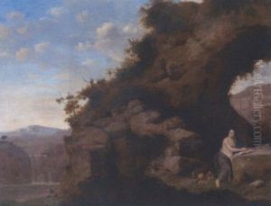 A Rocky River Landscape With A Natural Arch And The Penitent Magdalen by Cornelis Van Poelenburgh