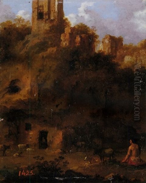 An Italianate Landscape With A Herdsman And Cattle By Ruins - view 1
