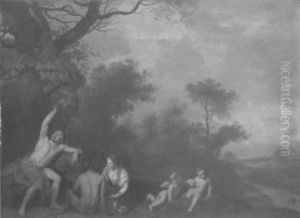Bacchus In A Landscape With A Satyr And Putti by Cornelis Van Poelenburgh