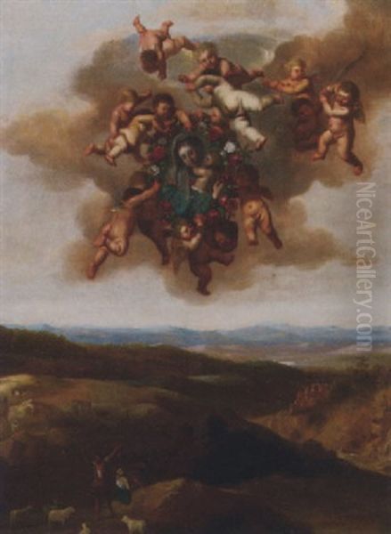 Putti Bearing Aloft An Image Of The Virgin And Child, A Landscape With Shepherds Below - view 1